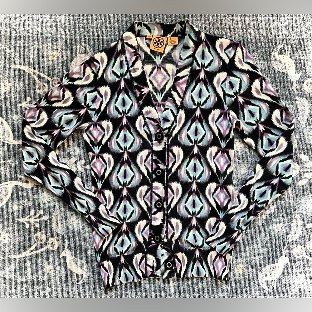 Tory Burch Abstract Ikat Black Purple Sky Blue Patterned Cardigan